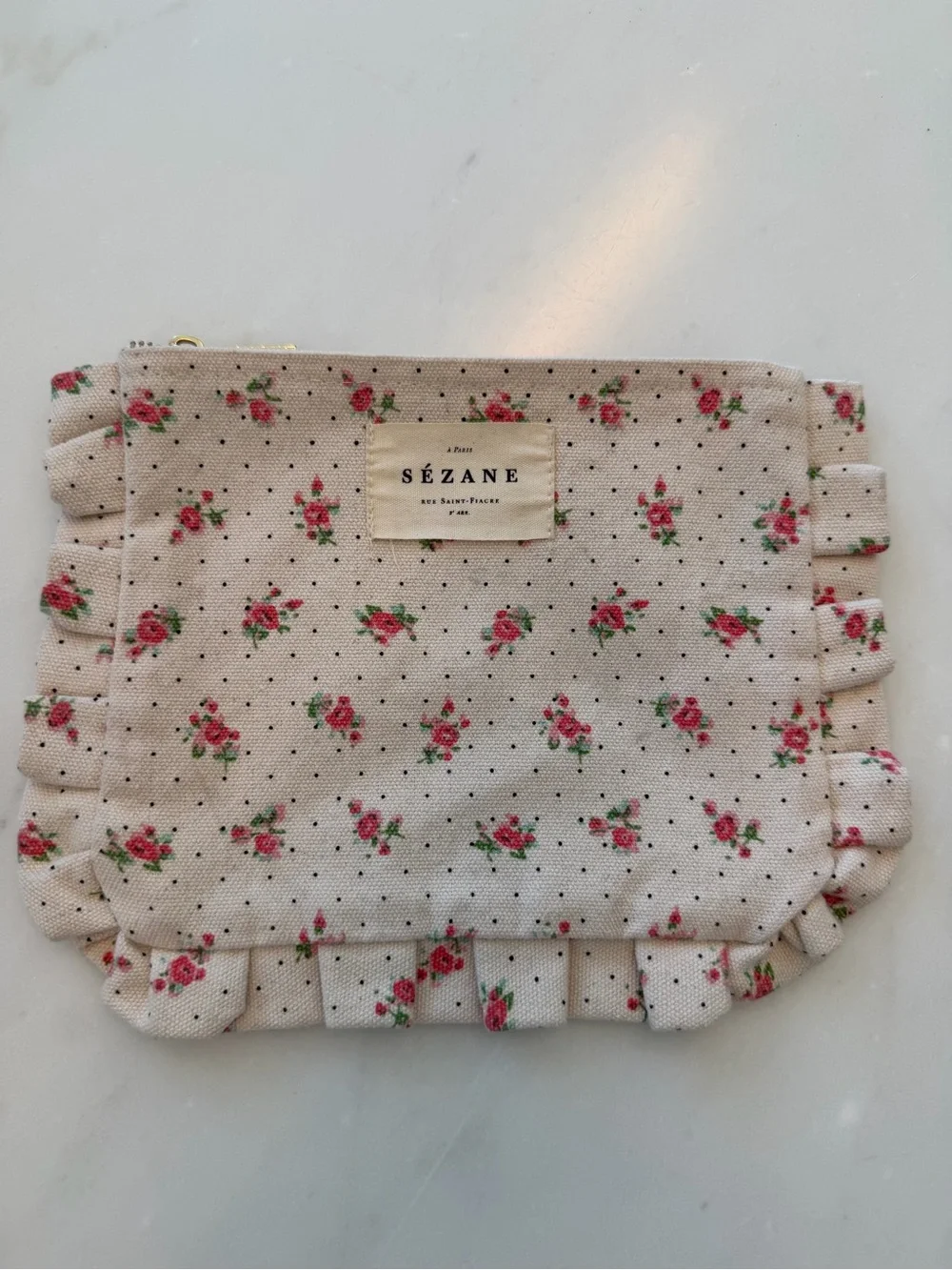 Sezane Floral Ruffle Cosmetic Pouch - Cream Pink